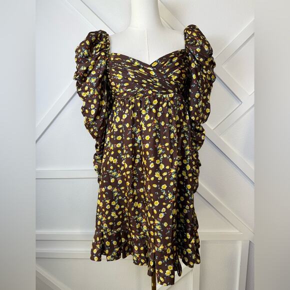 NWT AUTUMN ADEIGBO Bridgette 100% Silk Puff-Sleeve Mini Dress Brown Size 4 - Picture 2 of 16